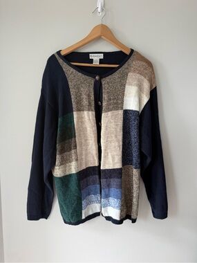 dressbarn Navy Multi-Color Patchwork Button-Front Cardigan